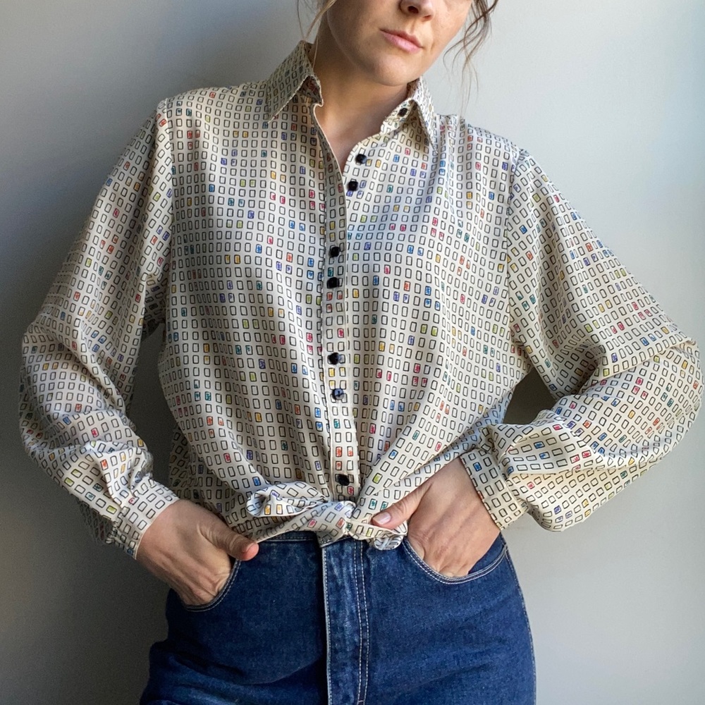 Vintage Cream Blouse with Colorful Pattern S